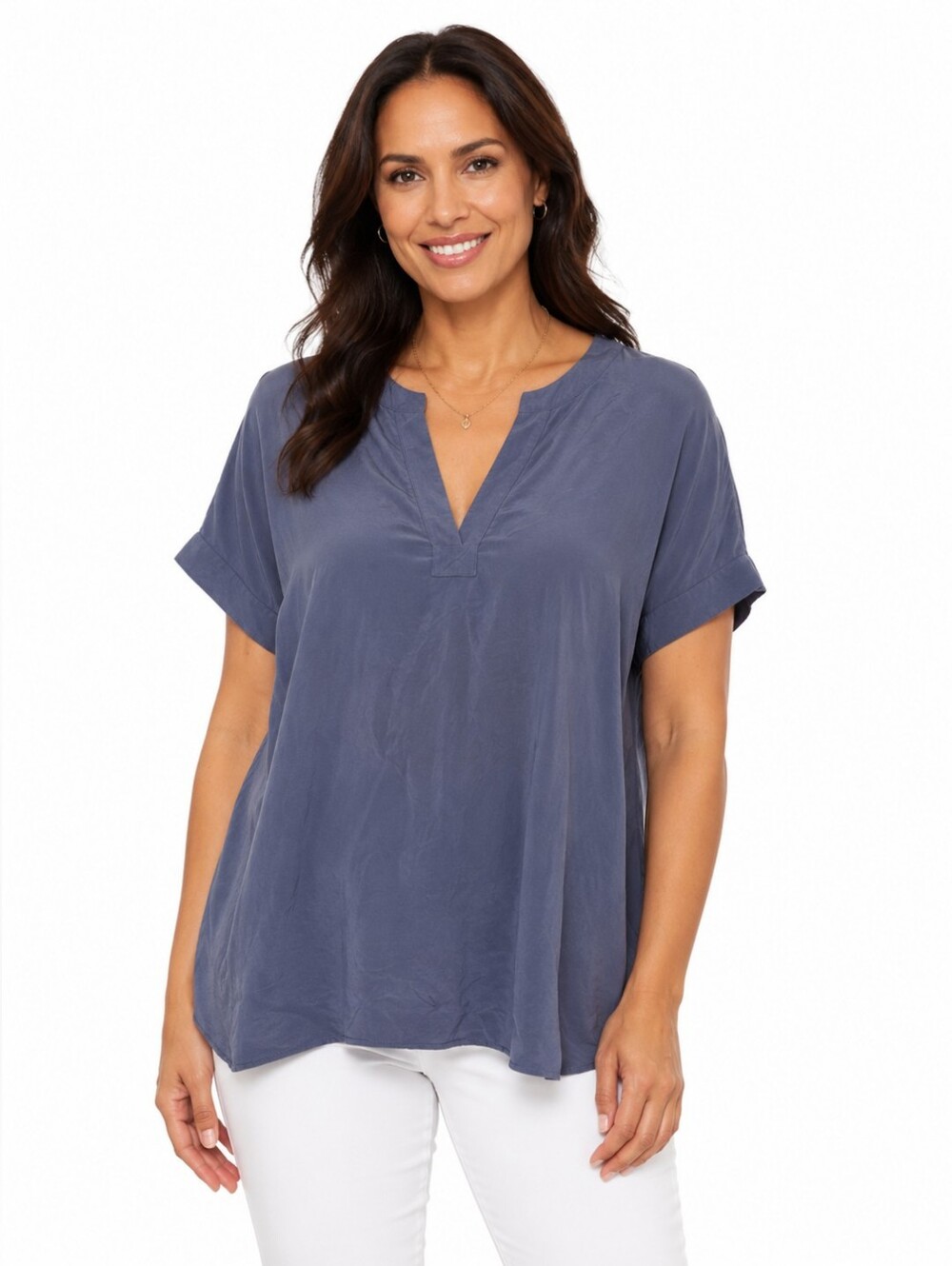 Jigsaw Deep Blue V-Neck Blouse Silk Blend Two Tone Women's Size S Office